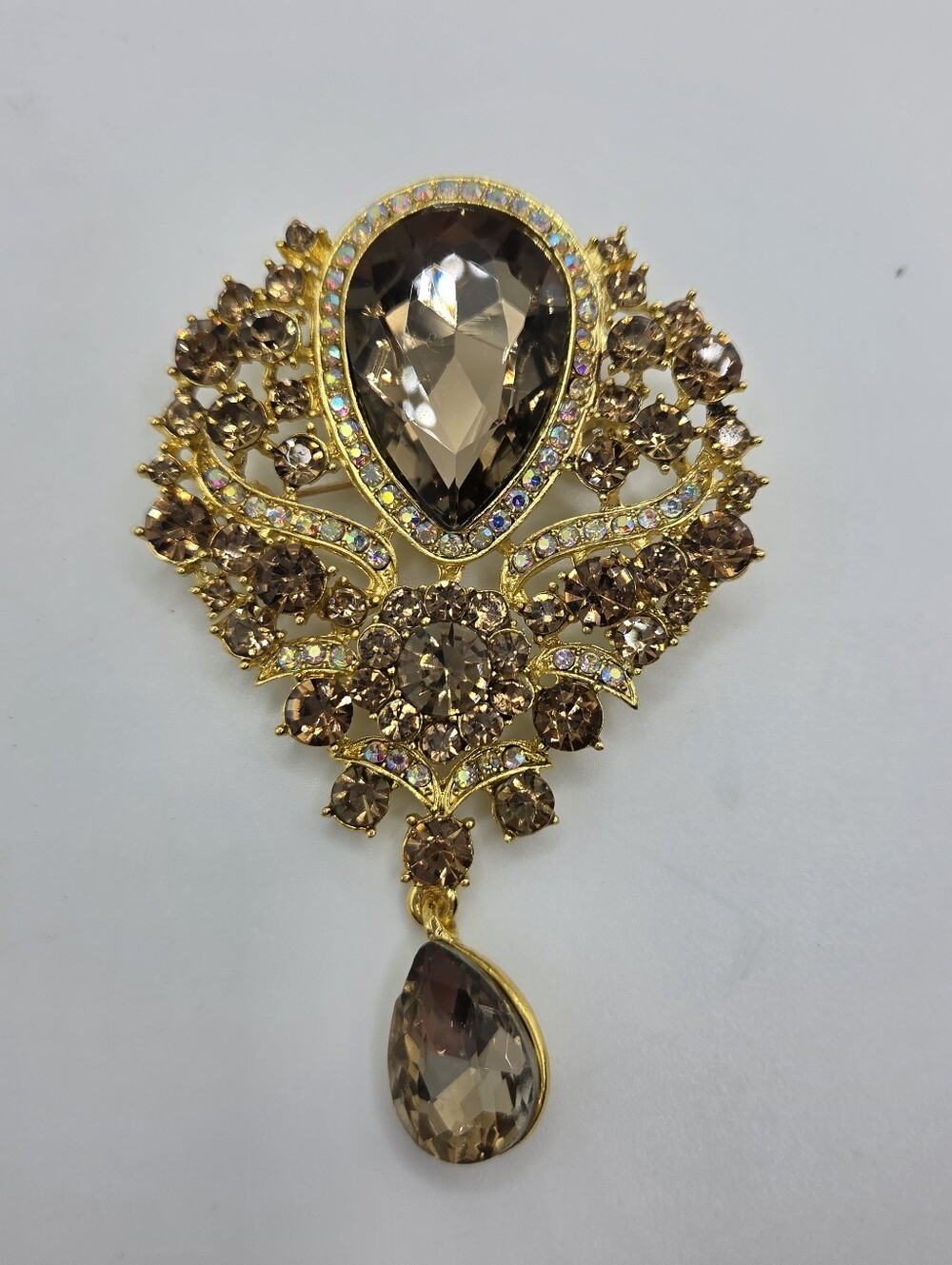 Gold Teardrop Rhinestone Brooch Crystal Pendant Vintage Style New